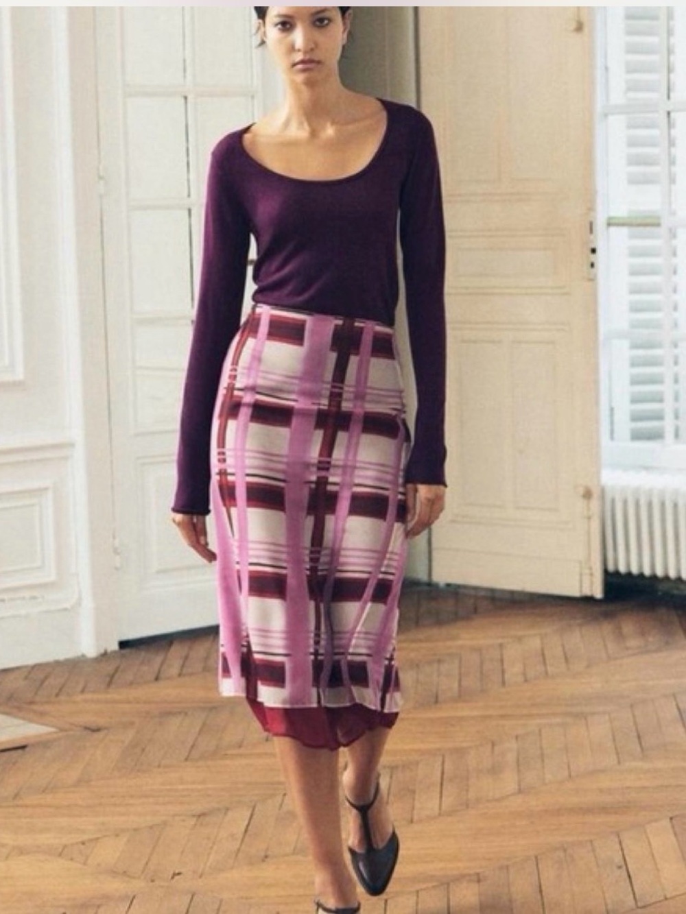 Zara Purple and Pink Plaid Midi Skirt